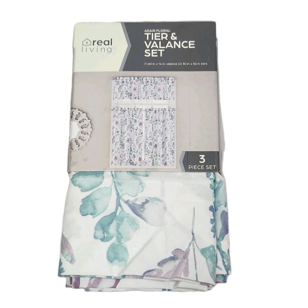 TRUE LIVING 3 PIECE TIER VALANCE CURTAIN SET Sheer Boho Floral Lightweight